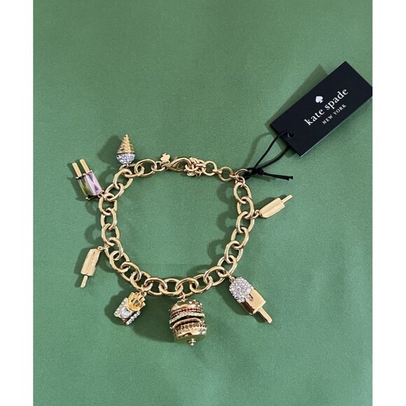 Kate Spade FAST FOOD CHARM 12-K Gold Plated Brass CZ Crystals Charm Bracelet NWT - Picture 3 of 6